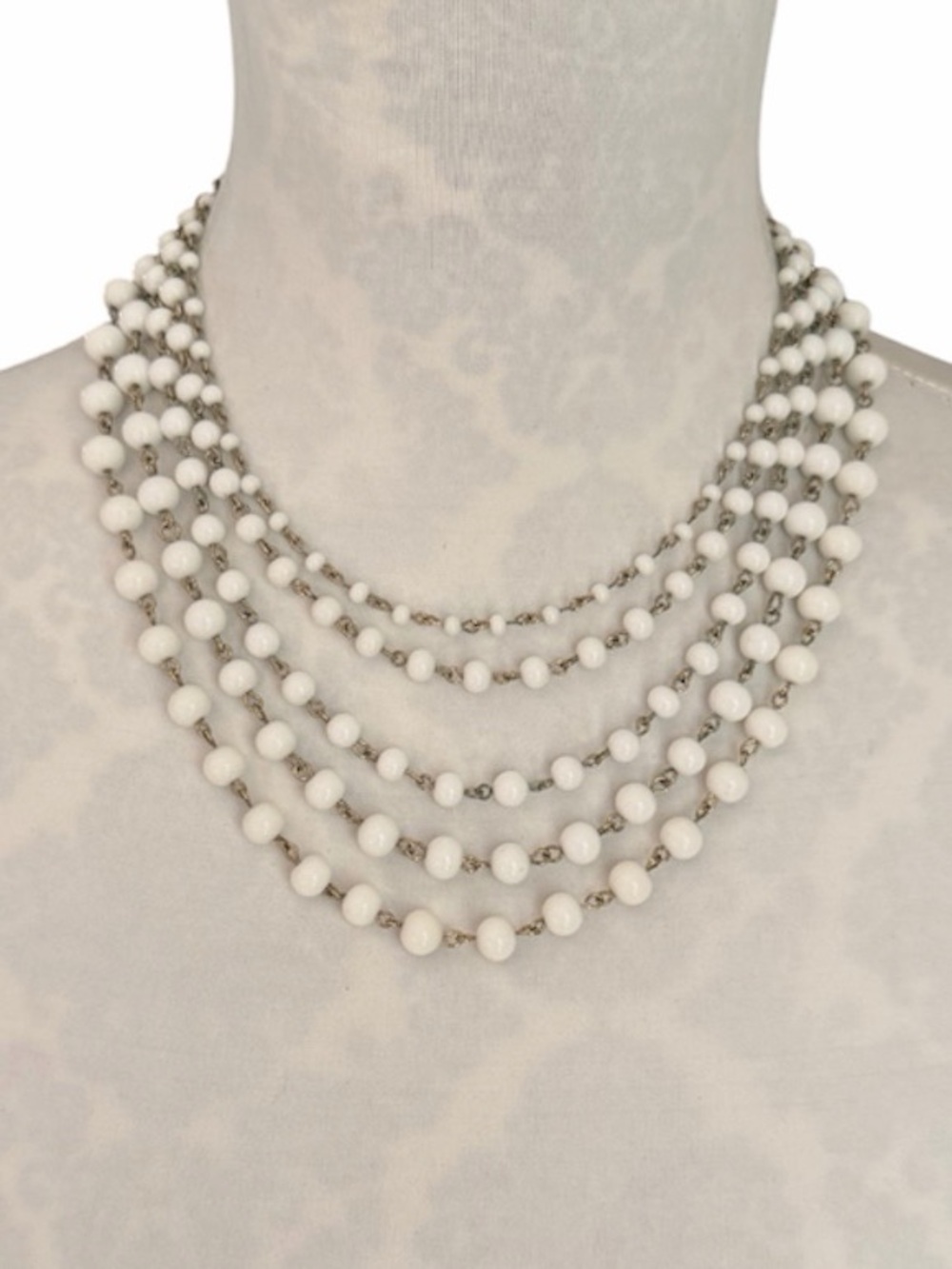 Vintage Milk Glass Multi-Strand Bib Statement Necklace | White Beaded Gold Tone